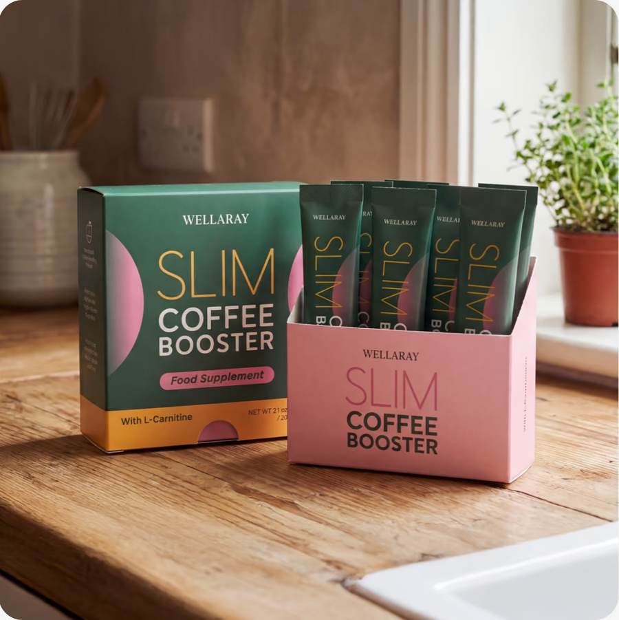 Slim Coffee Booster sticks i köket bredvid kaffe