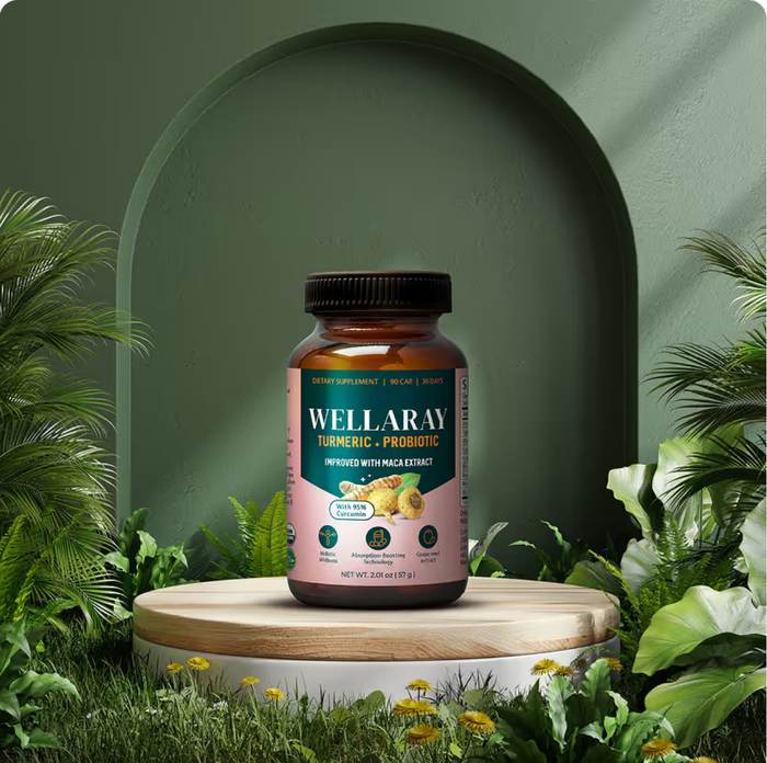 Wellaray Turmeric + Probiotic Blend burk på ett podium